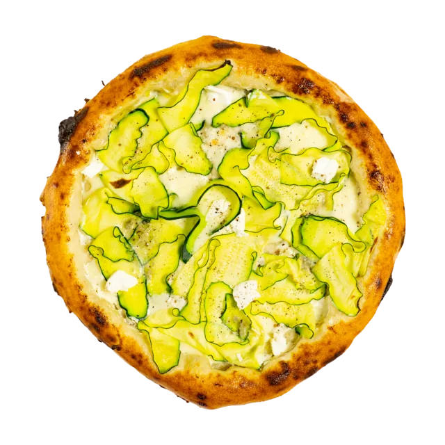Pizza Formaggi e Zucchini — fior di latte, gorgonzola, parmezan, ricotta, smântână, zucchini, mărar, piper