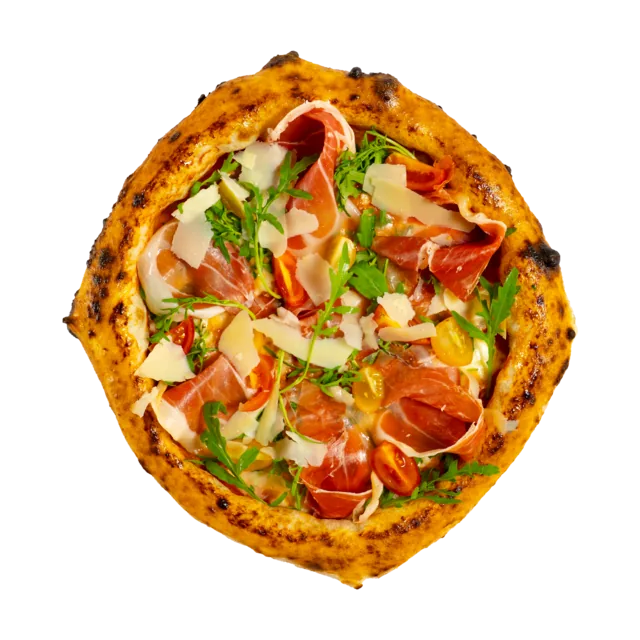 Pizza Prosciutto di Parma — sos de roșii San Marzano, fior di latte, prosciutto di Parma, rucola, roșii cherry, ulei de măsline extravirgin, parmezan